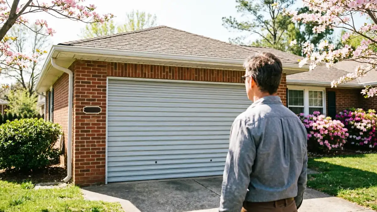A man stands in front of a closed gray garage door on a brick house.