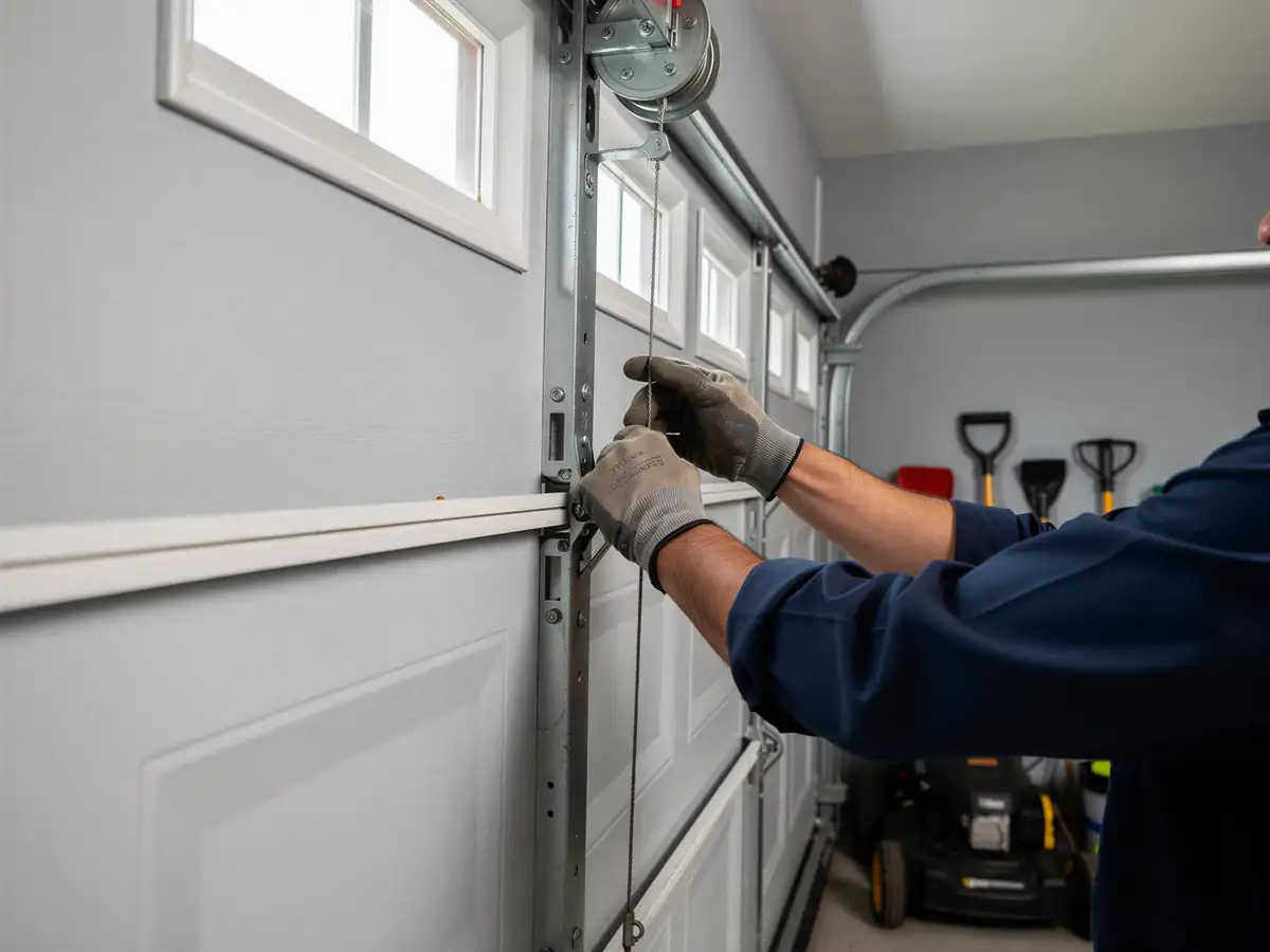 A technician in gloves is working on the cables of a white garage door.