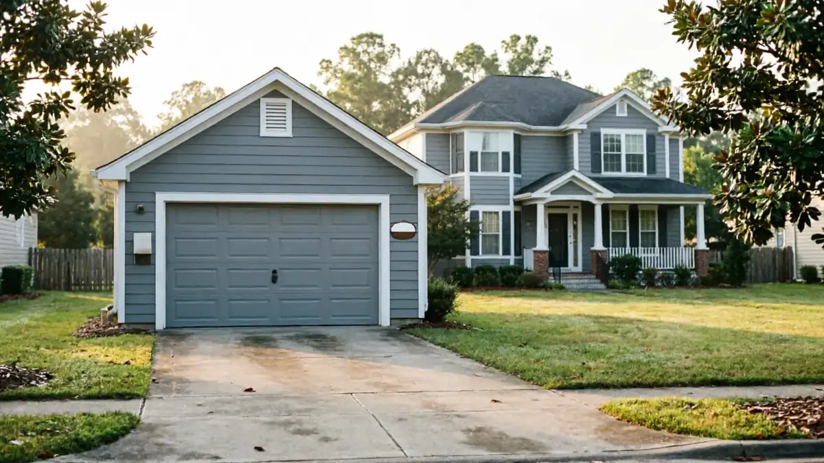 A gray house with a gray garage door and a green lawn in front.