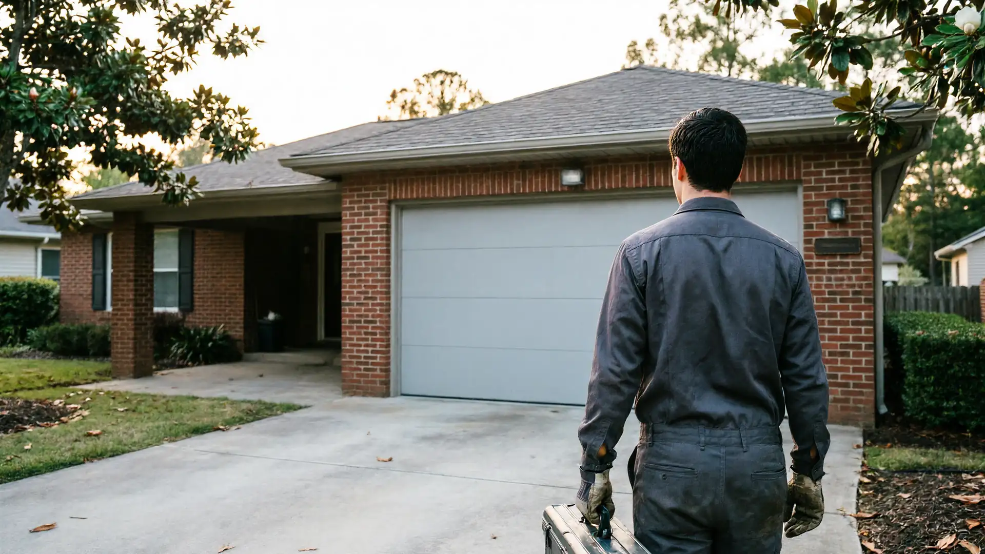 A technician in a dark uniform carries a toolbox toward a house with a gray garage door.