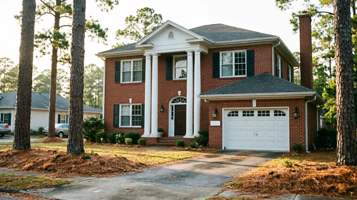 A red brick house has a white garage door and white columns.