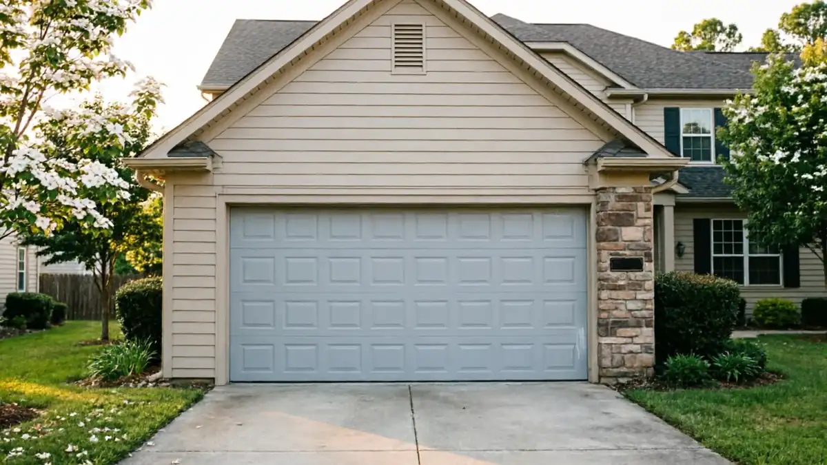 A light gray garage door with square panels on a tan house.