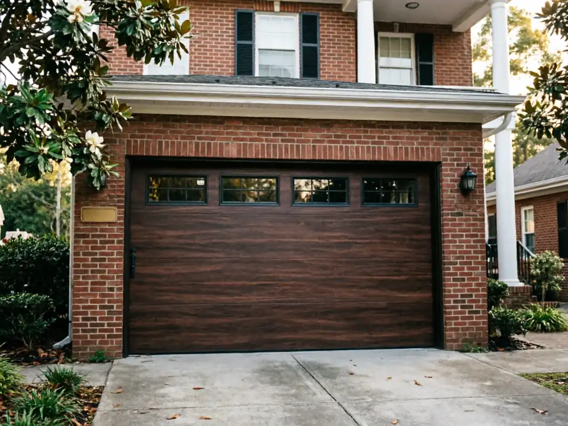 A brown wooden garage door with windows on a brick house.