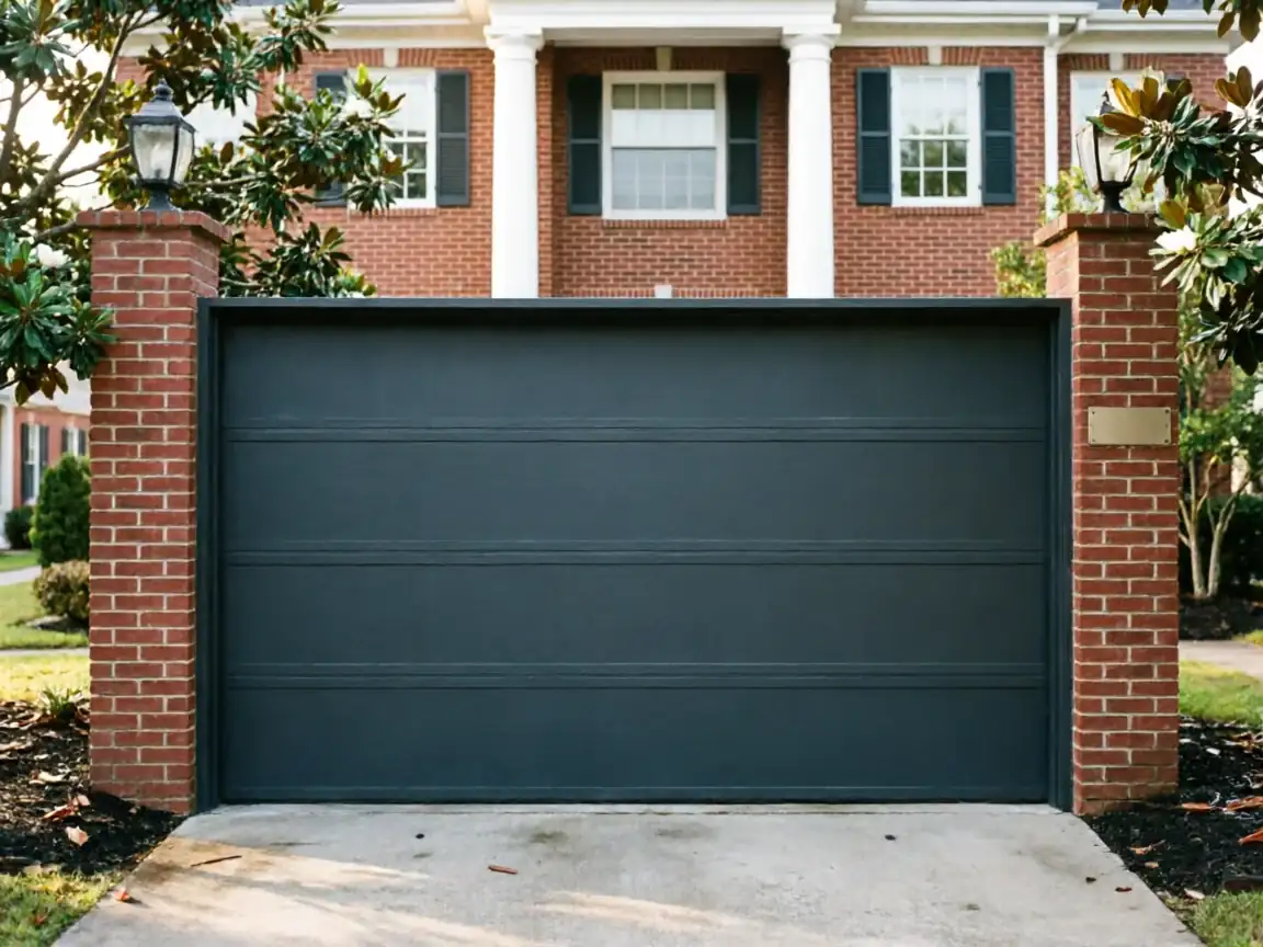 A dark gray garage door is set between two brick pillars with lights.