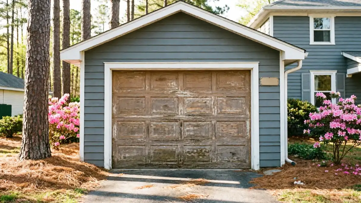 The weathered wooden garage door is on a blue house with pink azaleas.