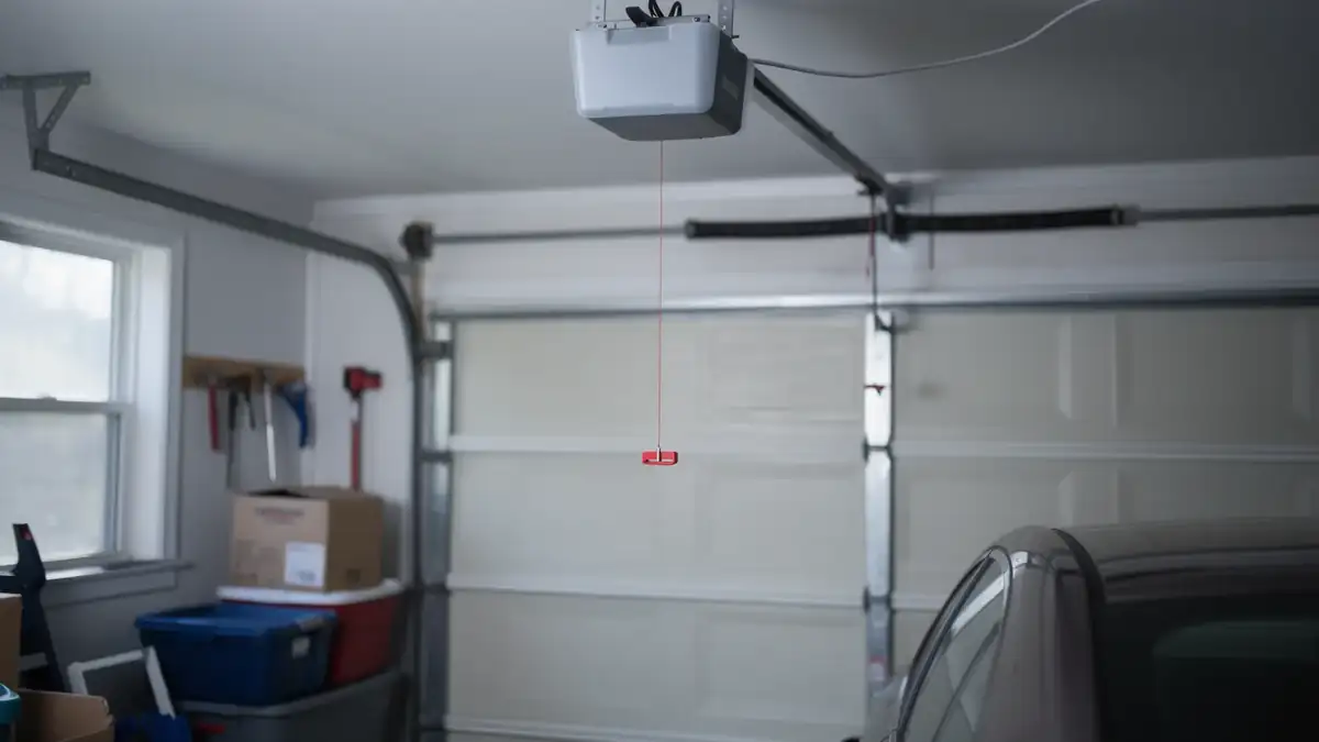 A garage door opener hangs from the ceiling with a red emergency release cord.